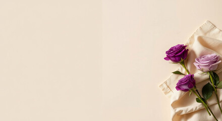 Elegant Purple and Lavender Roses on Cream Fabric, Romantic Floral Photography Concept