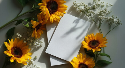 Bright Sunflowers and Baby&rsquo;s Breath Surround Blank Cards, Perfect for Invitations or Decor