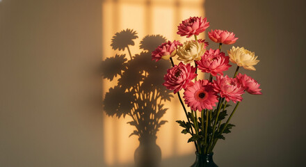 Pink and Yellow Artificial Flowers in Vase, Sunlit Shadow Play for Elegant Home Styling
