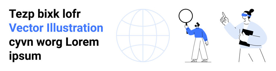 Fototapeta premium Two characters interacting with global themes, one holding a magnifier and another pointing, alongside a line globe. Ideal for global reach, teamwork, exploration, connectivity, technology