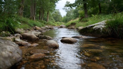 Obraz premium Moody freshwater brook flowing through a lush green woodland with clear water over rocks
