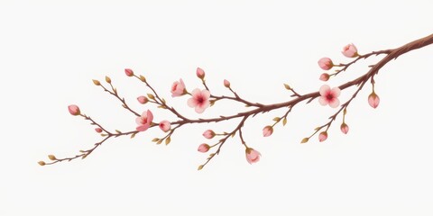 Delicate cherry blossom branch with pink flowers and buds on a white background.