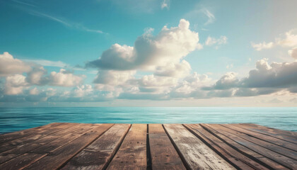 Fototapeta premium Relax and unwind at a tranquil wooden deck overlooking a serene ocean under a picturesque sky filled with fluffy clouds