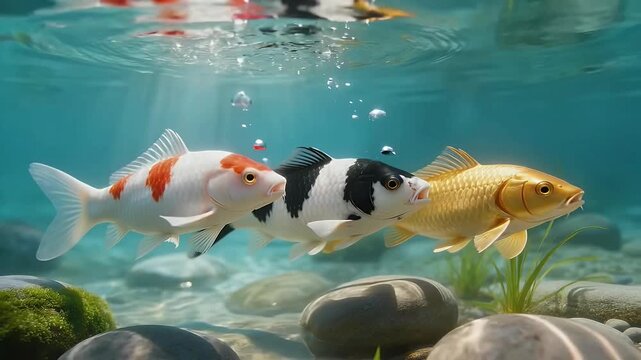 Three beautiful colorful koi fish swimming underwater in clear pond