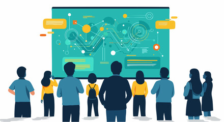 Obraz premium Diverse group of people observing a large digital screen displaying complex data visualizations and network diagrams, representing collaboration and technological advancement.