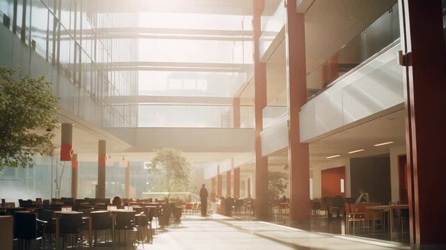 Sunlit university atrium with modern glass architecture, open communal spaces and students studying, walking and gathering in a bright, contemporary campus interior