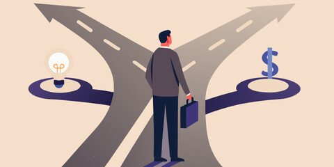 A businessman contemplates a fork in the road between creativity and wealth © Debashis