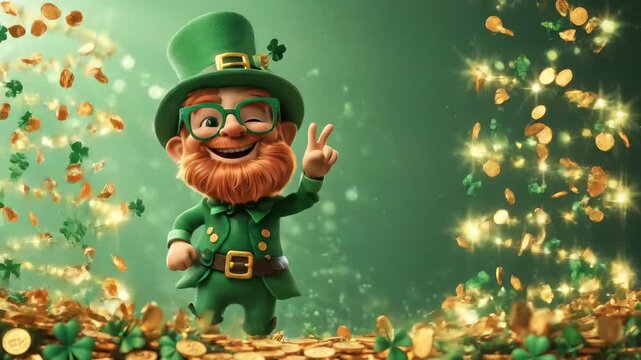 Joyful leprechaun in green suit, tall hat, celebrates Saint Patrick's Day. Golden coins, lucky shamrocks shower around this happy mythical figure, bringing Irish fortune.