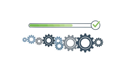 Vector illustration of a progress bar with a green checkmark and a series of interlocking gears in various shades of blue and gray, isolated on transparent background