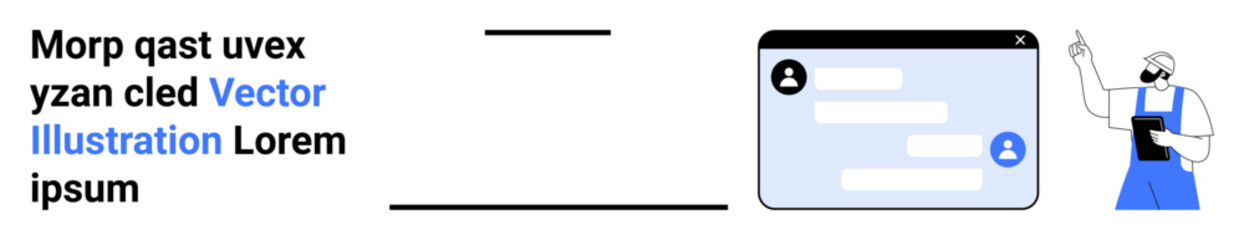 Fototapeta premium Digital communication, social media, customer service, technology, online chat, user interaction. A chat interface screen with user input and a person gesturing. Digital communication and social