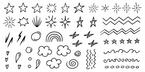 Naklejka premium Collection of hand drawn doodles including stars hearts and abstract shapes