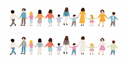 Diverse group of people including children holding hands in two lines
