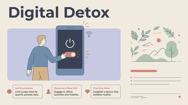Man turning off smartphone during digital detox for mental health concept, Infographic
