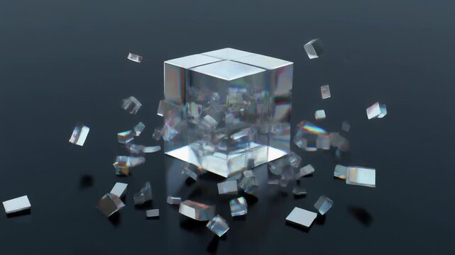 A 3D rendering of a shattered cube with fragments flying apart in a dark environment from a frontal viewpoint