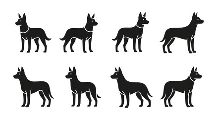 Fototapeta premium Set of Black Dog Silhouettes Standing, Side View, Minimalist Vector Icons