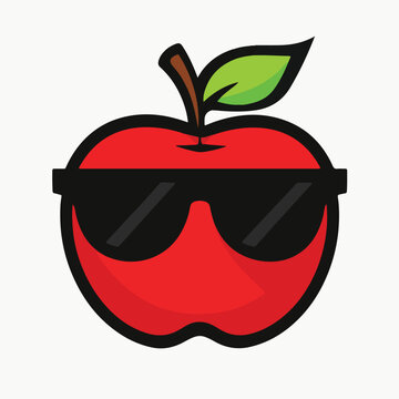A vibrant illustration featuring a cool cartoon red apple character wearing black rectangular sunglasses showcasing a fun and trendy fruit mascot design perfect for educational branding or casual appa