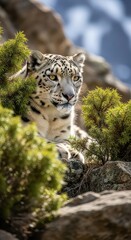 Obraz premium Majestic snow leopard resting among rocky mountain landscape with lush greenery and snow-capped peaks in the background