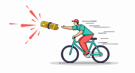 Fototapeta premium Man on bicycle delivering rolled document with explosion effect.