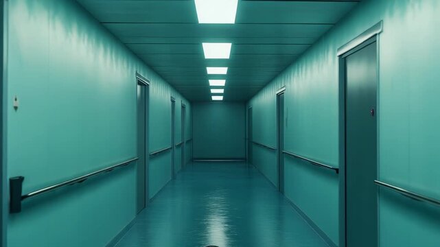 Empty hospital corridor featuring multiple doors and handrails lining bright teal walls, with overhead rectangular lights illuminating the sterile environment