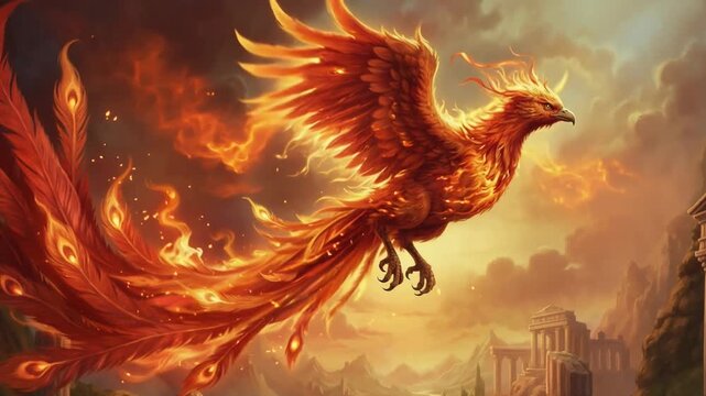 Mythical phoenix bird rising from fire over ancient ruins. Flaming creature with red and orange feathers. Rebirth and immortality concept
