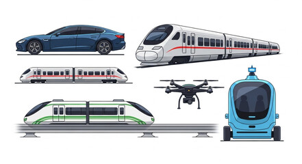 Modern transportation vehicles including cars trains drone and futuristic pod. © Kiki