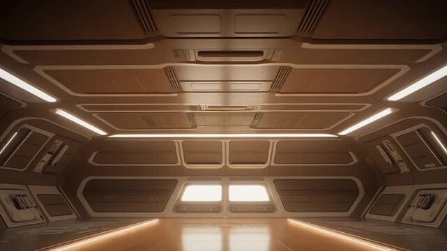 Futuristic empty interior corridor with modular metallic panels and warm glowing light stripes, sleek symmetrical design evoking a sci fi spaceship, high tech contemporary ambiance