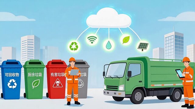 Garbage collection workers with bins and truck