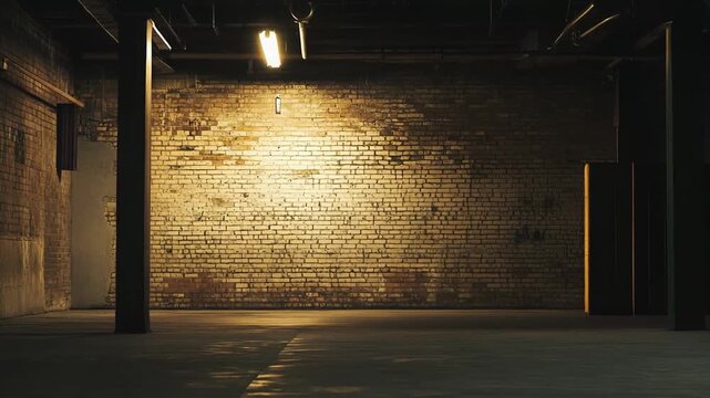 Empty urban warehouse interior featuring an old brick wall illuminated by a single fluorescent light fixture, creating a moody atmosphere with dark concrete floors