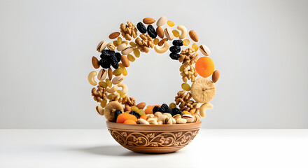Assorted Nuts and Dried Fruits Floating Around Rustic Wooden Bowl