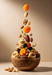 Vertical food poster background featuring mixed nuts and dried fruits.