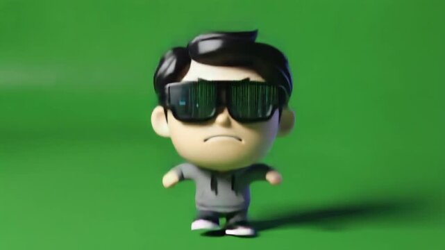 Cartoon character wearing futuristic glasses with code on screen