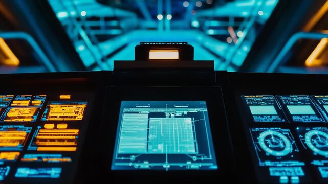 Spaceship bridge featuring advanced technology with multiple screens and buttons, indicating navigation, communication, and system status for a modern sci fi journey