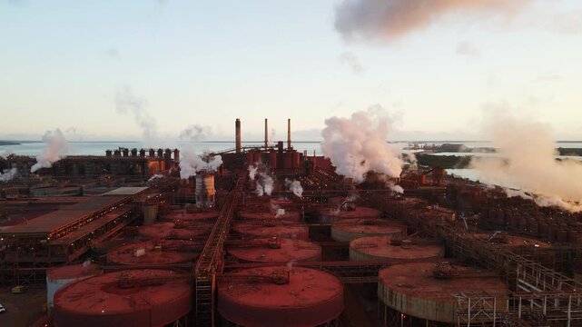 Smoke rising above a industrial alumina refinery plant covered in a red iron-rich material bauxite residue. Moving drone view