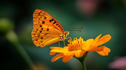 Obraz premium A beautiful orange butterfly with delicate wings rests on a vibrant yellow flower in a sunny summer garden, capturing the colorful beauty of nature and tropical wildlife through macro 