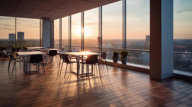 Elegant high rise corporate terrace featuring floor to ceiling windows, offering a breathtaking panoramic city skyline view at golden hour with warm sunlight