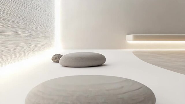 Serene minimalist interior with pebble shaped floor cushions and natural stones, soft neutral tones and subtle lighting for meditation, relaxation, and mindful calm