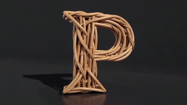 Wooden Letter P Sculpture Made From Twine On Dark Studio Background.