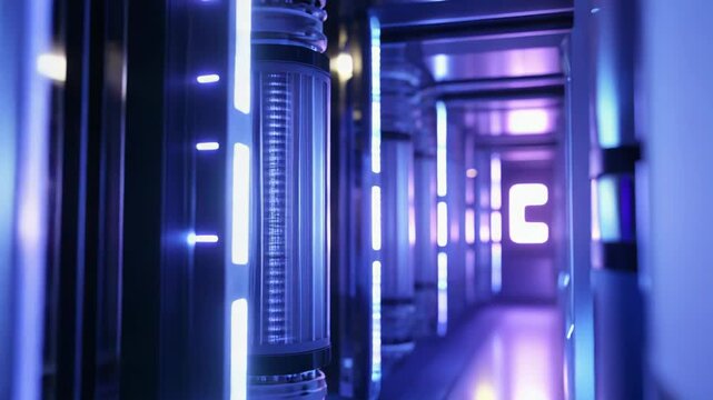 Quantum computer hardware operating in a futuristic data center, featuring glowing blue and purple neon lights, showcasing advanced technology and supercomputing power