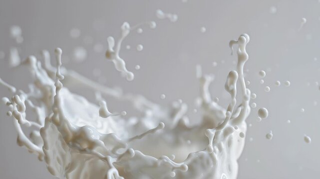 Frozen splash of milk or cream swirling and splashing upward in mid-air with detailed droplets against a beige background for dairy, freshness, or fluidity concepts