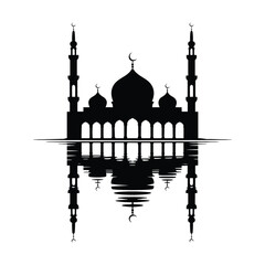 Taj Mahal style mosque silhouette with reflection Islamic black vector illustration