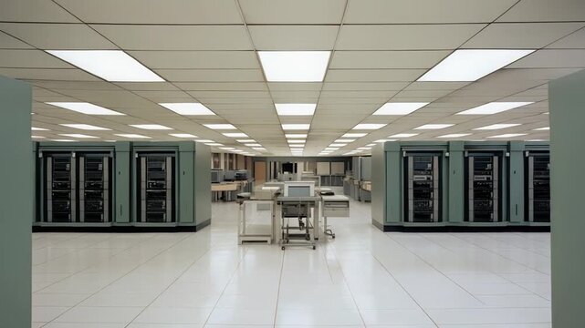 Mainframe computers and vintage technology filling a large server room, showcasing racks of hardware and data processing equipment under fluorescent lighting