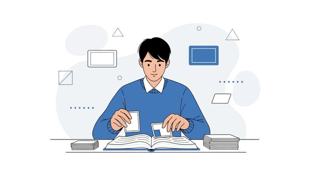 Young Man Studying and Organizing Information with Flashcards