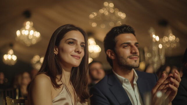 Couple enjoying Al Bustan International Festival in Beit Mery, Lebanon, with elegant surroundings and soft lighting at an outdoor event