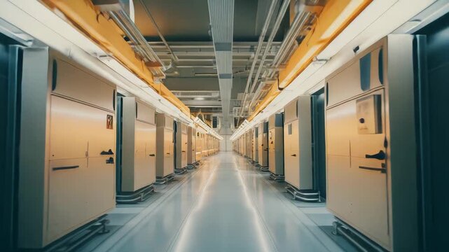 Data center corridor extending into the distance, with rows of server racks and modern networking equipment managing vast amounts of digital information and processing power