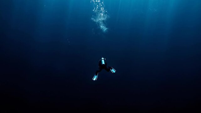 A lone scuba diver is gracefully descending through the deep blue ocean, with sunbeams penetrating the water surface, creating a mesmerizing underwater scene showcasing exploration and