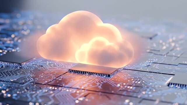 A glowing cloud symbolizing data storage hovering over a circuit board, representing technology and innovation in digital solutions