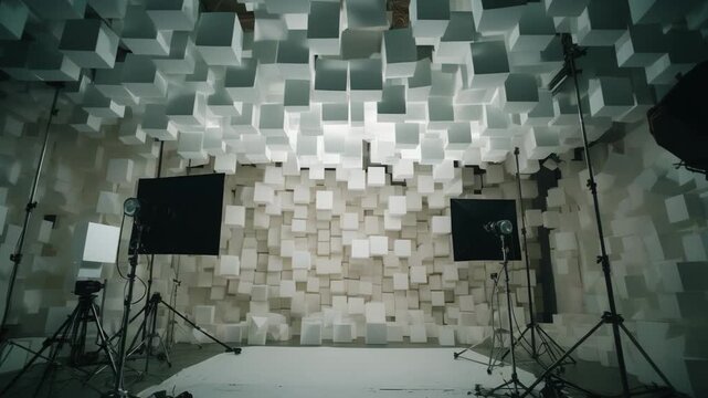 Modern photography studio interior featuring an abstract ceiling and wall installation of white geometric cubes, illuminated by professional strobe lights and softboxes on tripods