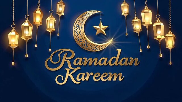 Ramadan Kareem Golden Crescent Moon Lanterns Greeting Card.