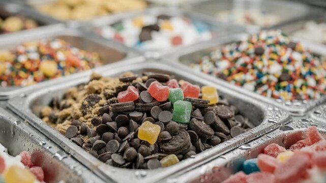 Focused medium shot on glistening frozen yogurt candy toppings inside stainless containers with a softly blurred background emphasizing freshness.