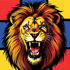 Fototapeta premium Vibrant lion roaring against a colorful abstract background